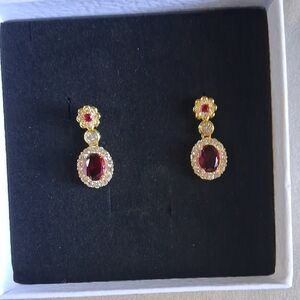 18KT GOLD FILLED OVER. Red Crystal And MOISENITE Drop Earrings - Nwot
